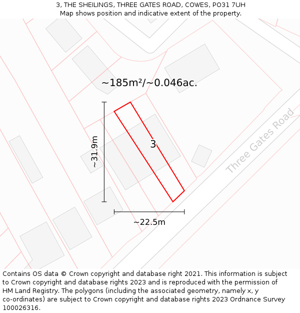 3, THE SHEILINGS, THREE GATES ROAD, COWES, PO31 7UH: Plot and title map