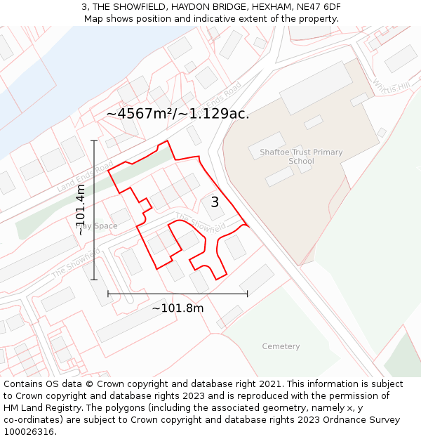 3, THE SHOWFIELD, HAYDON BRIDGE, HEXHAM, NE47 6DF: Plot and title map