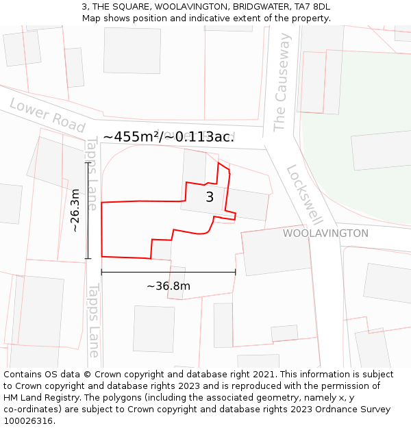 3, THE SQUARE, WOOLAVINGTON, BRIDGWATER, TA7 8DL: Plot and title map
