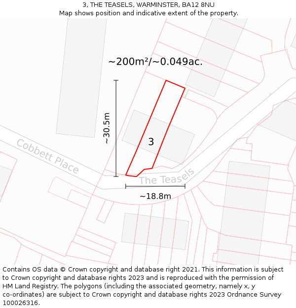3, THE TEASELS, WARMINSTER, BA12 8NU: Plot and title map