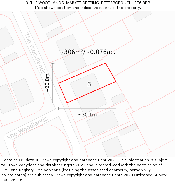 3, THE WOODLANDS, MARKET DEEPING, PETERBOROUGH, PE6 8BB: Plot and title map