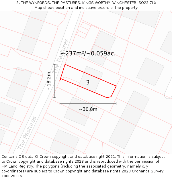 3, THE WYNFORDS, THE PASTURES, KINGS WORTHY, WINCHESTER, SO23 7LX: Plot and title map