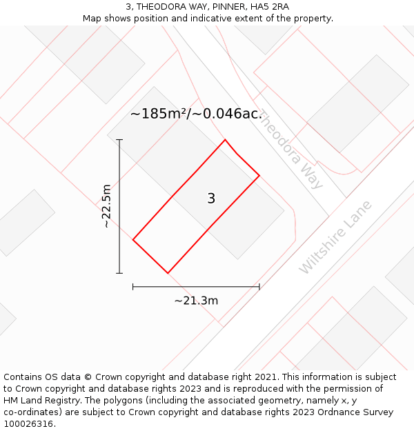 3, THEODORA WAY, PINNER, HA5 2RA: Plot and title map