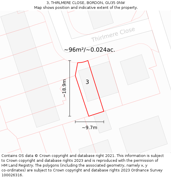 3, THIRLMERE CLOSE, BORDON, GU35 0NW: Plot and title map