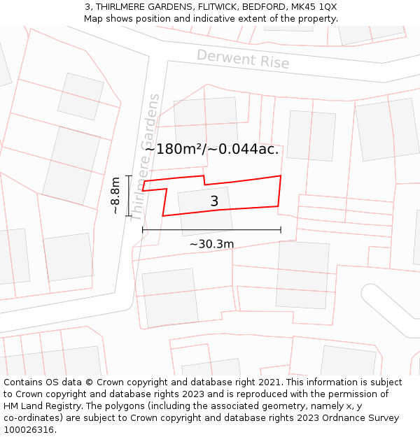 3, THIRLMERE GARDENS, FLITWICK, BEDFORD, MK45 1QX: Plot and title map
