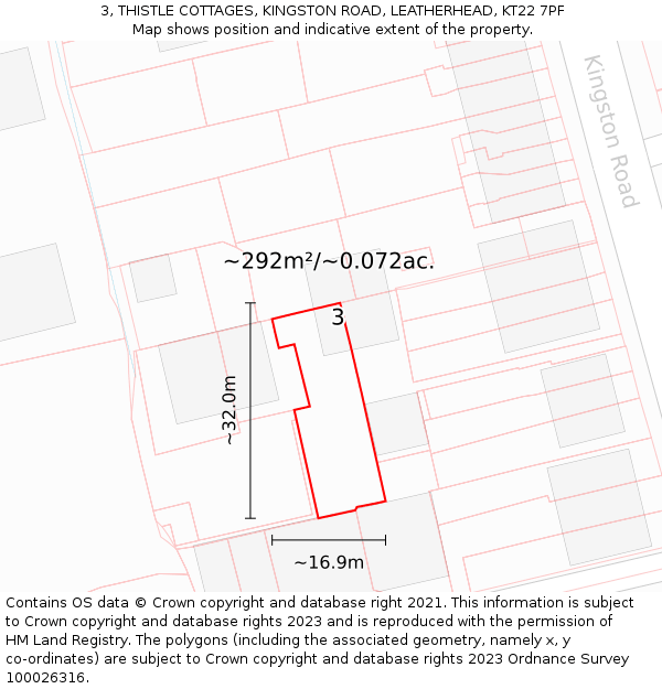 3, THISTLE COTTAGES, KINGSTON ROAD, LEATHERHEAD, KT22 7PF: Plot and title map