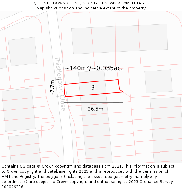 3, THISTLEDOWN CLOSE, RHOSTYLLEN, WREXHAM, LL14 4EZ: Plot and title map