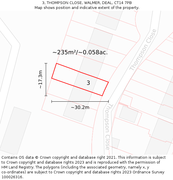 3, THOMPSON CLOSE, WALMER, DEAL, CT14 7PB: Plot and title map