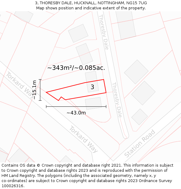 3, THORESBY DALE, HUCKNALL, NOTTINGHAM, NG15 7UG: Plot and title map
