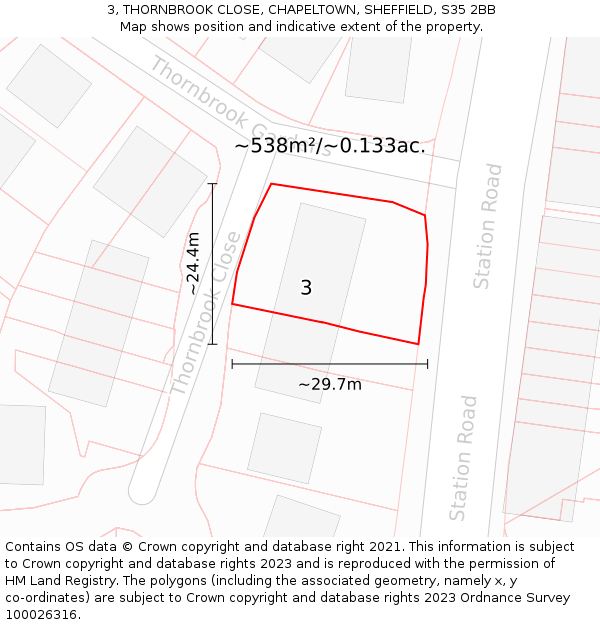 3, THORNBROOK CLOSE, CHAPELTOWN, SHEFFIELD, S35 2BB: Plot and title map