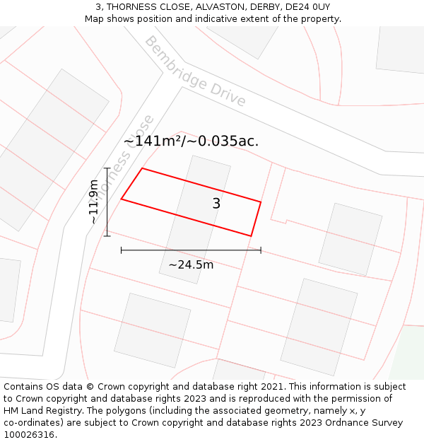 3, THORNESS CLOSE, ALVASTON, DERBY, DE24 0UY: Plot and title map