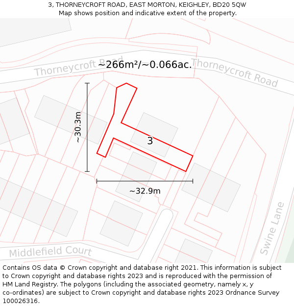 3, THORNEYCROFT ROAD, EAST MORTON, KEIGHLEY, BD20 5QW: Plot and title map