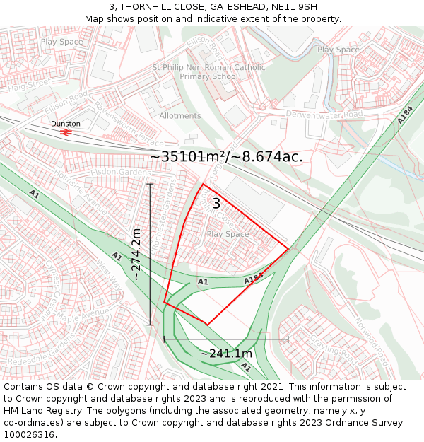 3, THORNHILL CLOSE, GATESHEAD, NE11 9SH: Plot and title map