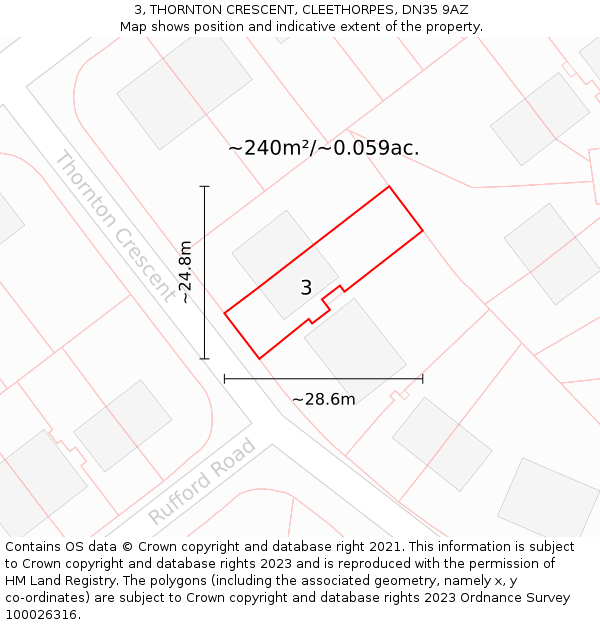 3, THORNTON CRESCENT, CLEETHORPES, DN35 9AZ: Plot and title map