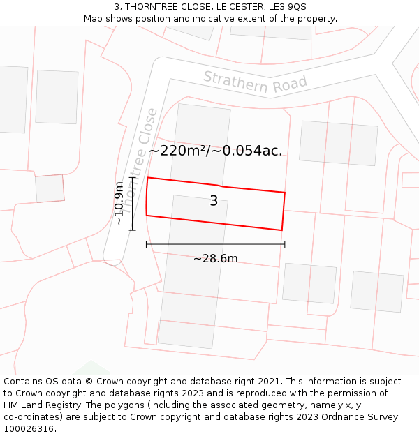 3, THORNTREE CLOSE, LEICESTER, LE3 9QS: Plot and title map
