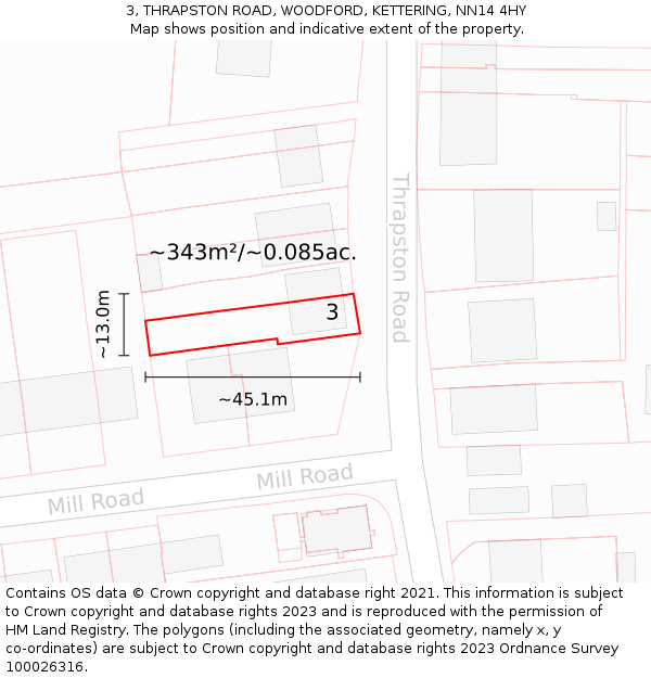3, THRAPSTON ROAD, WOODFORD, KETTERING, NN14 4HY: Plot and title map