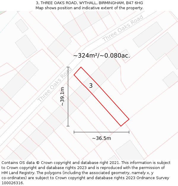 3, THREE OAKS ROAD, WYTHALL, BIRMINGHAM, B47 6HG: Plot and title map
