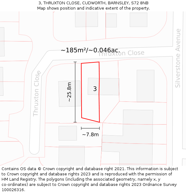 3, THRUXTON CLOSE, CUDWORTH, BARNSLEY, S72 8NB: Plot and title map