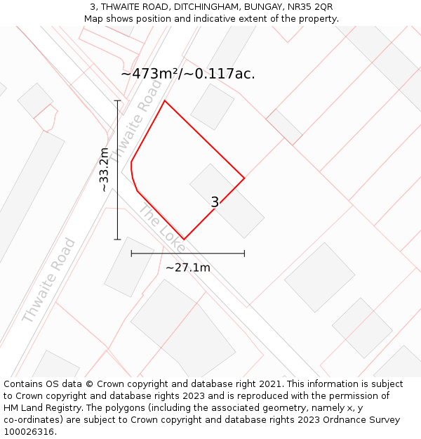 3, THWAITE ROAD, DITCHINGHAM, BUNGAY, NR35 2QR: Plot and title map