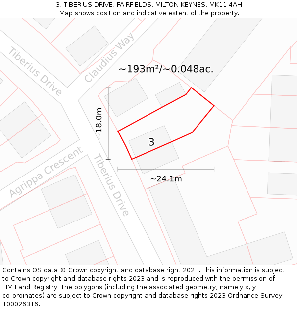 3, TIBERIUS DRIVE, FAIRFIELDS, MILTON KEYNES, MK11 4AH: Plot and title map
