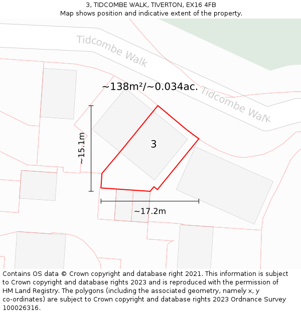 3, TIDCOMBE WALK, TIVERTON, EX16 4FB: Plot and title map