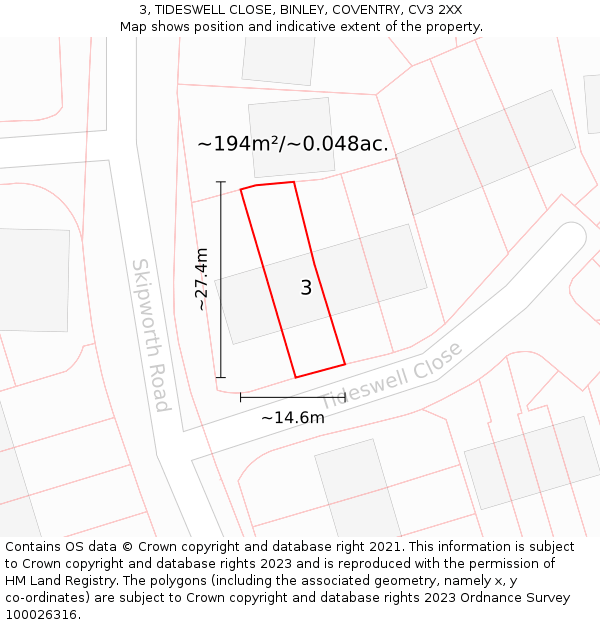3, TIDESWELL CLOSE, BINLEY, COVENTRY, CV3 2XX: Plot and title map