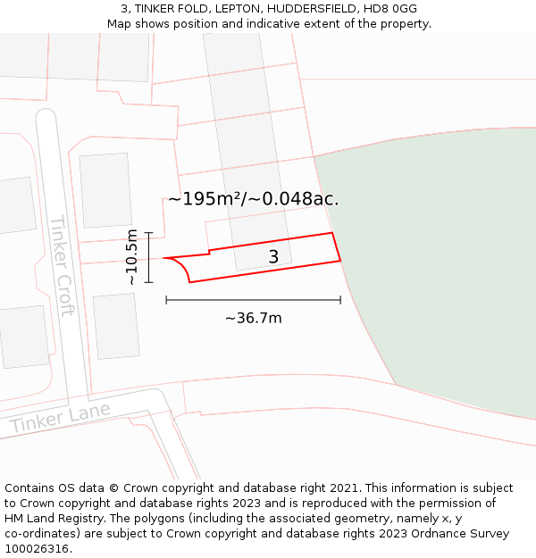 3, TINKER FOLD, LEPTON, HUDDERSFIELD, HD8 0GG: Plot and title map