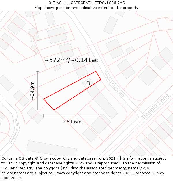 3, TINSHILL CRESCENT, LEEDS, LS16 7AS: Plot and title map