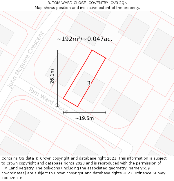 3, TOM WARD CLOSE, COVENTRY, CV3 2QN: Plot and title map
