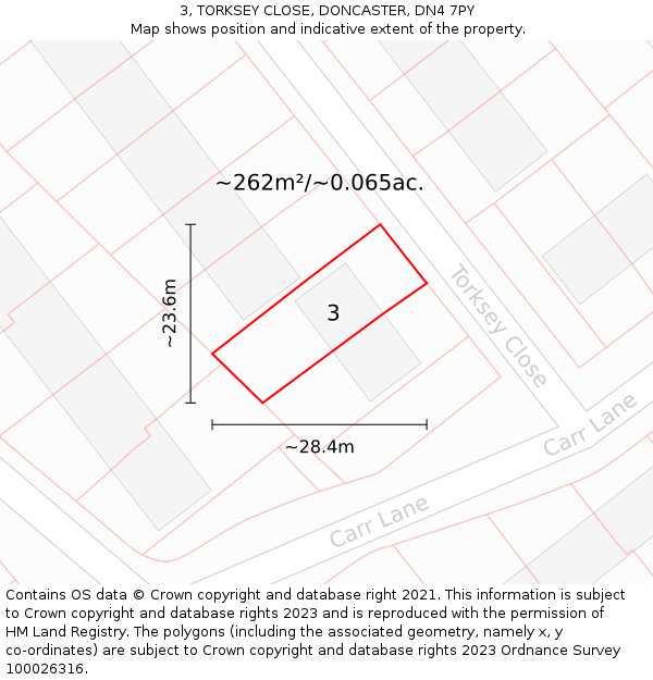 3, TORKSEY CLOSE, DONCASTER, DN4 7PY: Plot and title map