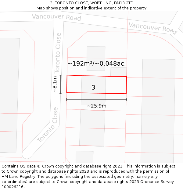 3, TORONTO CLOSE, WORTHING, BN13 2TD: Plot and title map