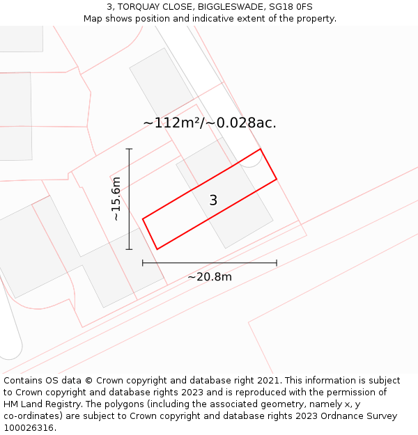 3, TORQUAY CLOSE, BIGGLESWADE, SG18 0FS: Plot and title map
