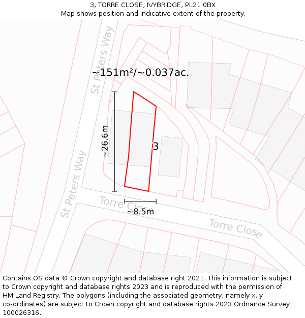 3, TORRE CLOSE, IVYBRIDGE, PL21 0BX: Plot and title map