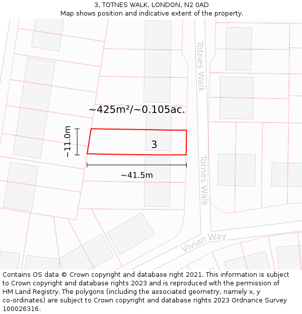 3, TOTNES WALK, LONDON, N2 0AD: Plot and title map