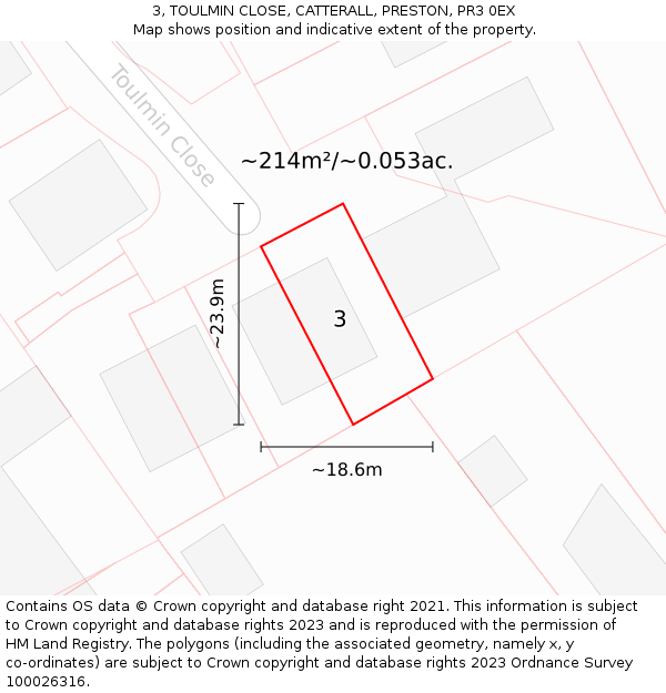3, TOULMIN CLOSE, CATTERALL, PRESTON, PR3 0EX: Plot and title map