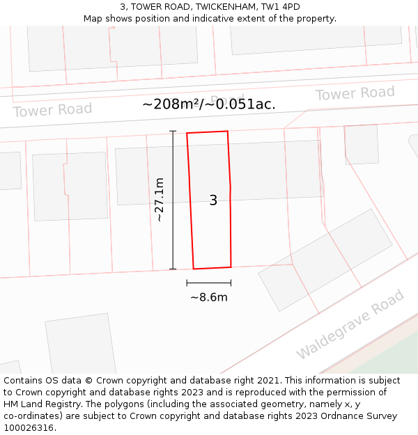 3, TOWER ROAD, TWICKENHAM, TW1 4PD: Plot and title map