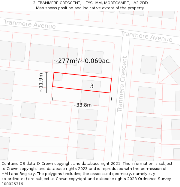 3, TRANMERE CRESCENT, HEYSHAM, MORECAMBE, LA3 2BD: Plot and title map