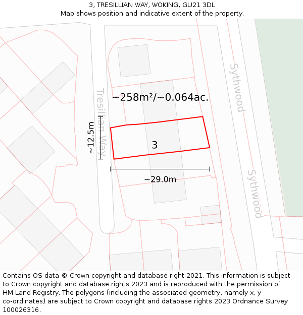 3, TRESILLIAN WAY, WOKING, GU21 3DL: Plot and title map
