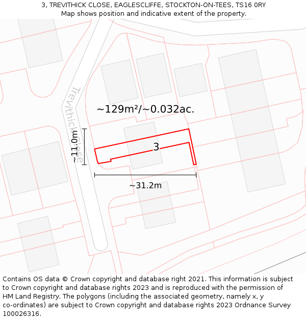 3, TREVITHICK CLOSE, EAGLESCLIFFE, STOCKTON-ON-TEES, TS16 0RY: Plot and title map