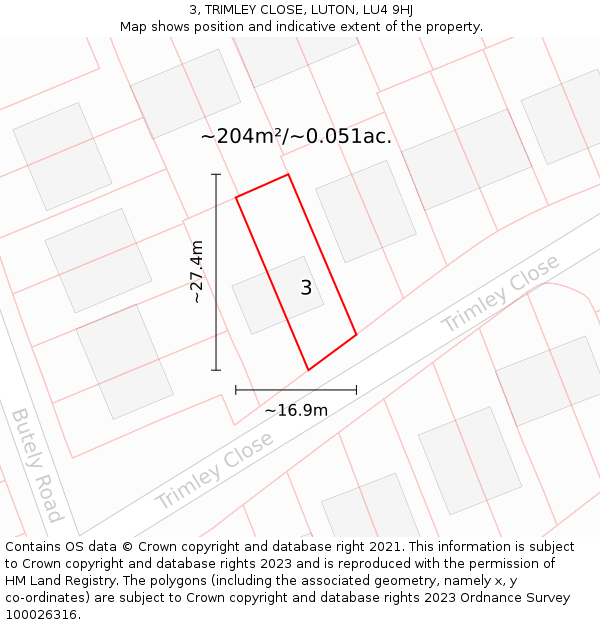 3, TRIMLEY CLOSE, LUTON, LU4 9HJ: Plot and title map