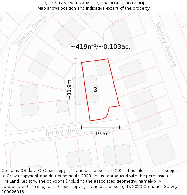 3, TRINITY VIEW, LOW MOOR, BRADFORD, BD12 0NJ: Plot and title map