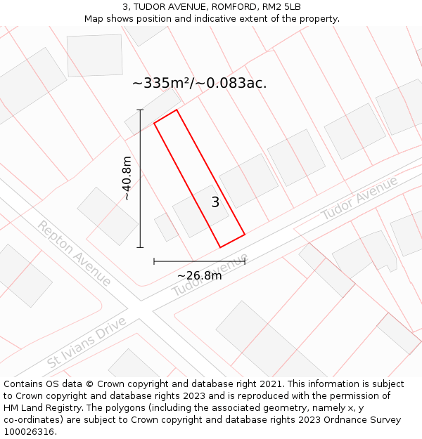 3, TUDOR AVENUE, ROMFORD, RM2 5LB: Plot and title map