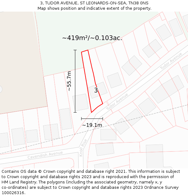 3, TUDOR AVENUE, ST LEONARDS-ON-SEA, TN38 0NS: Plot and title map