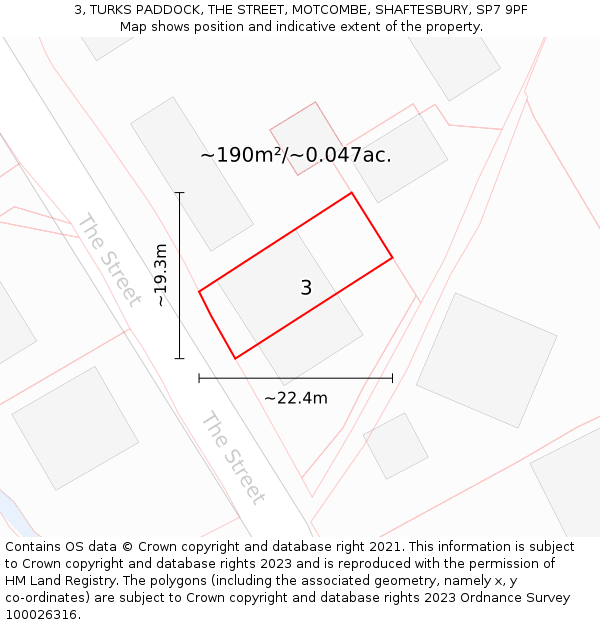 3, TURKS PADDOCK, THE STREET, MOTCOMBE, SHAFTESBURY, SP7 9PF: Plot and title map