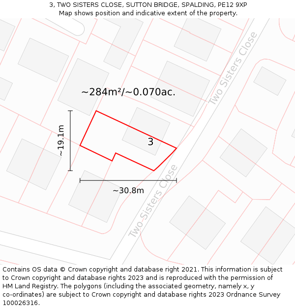 3, TWO SISTERS CLOSE, SUTTON BRIDGE, SPALDING, PE12 9XP: Plot and title map
