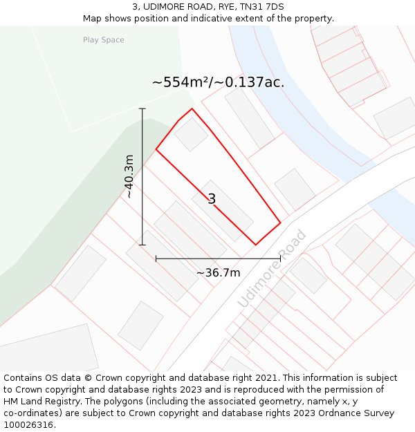 3, UDIMORE ROAD, RYE, TN31 7DS: Plot and title map