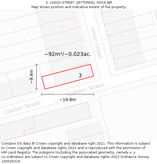 3, UNION STREET, KETTERING, NN16 8JR: Plot and title map