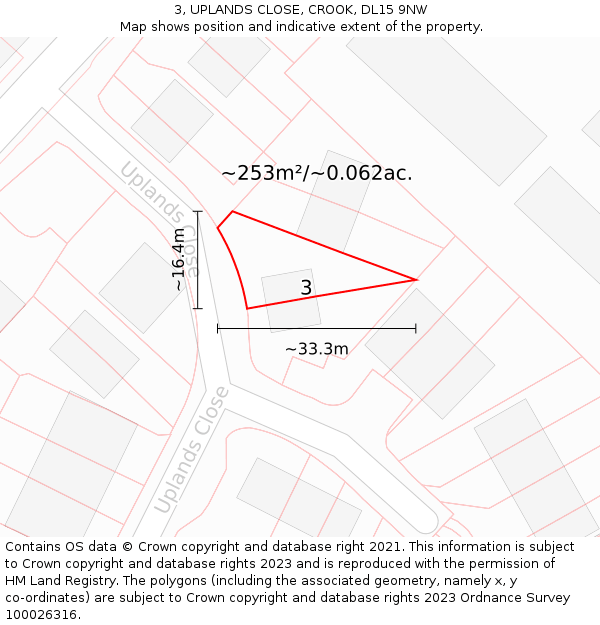 3, UPLANDS CLOSE, CROOK, DL15 9NW: Plot and title map