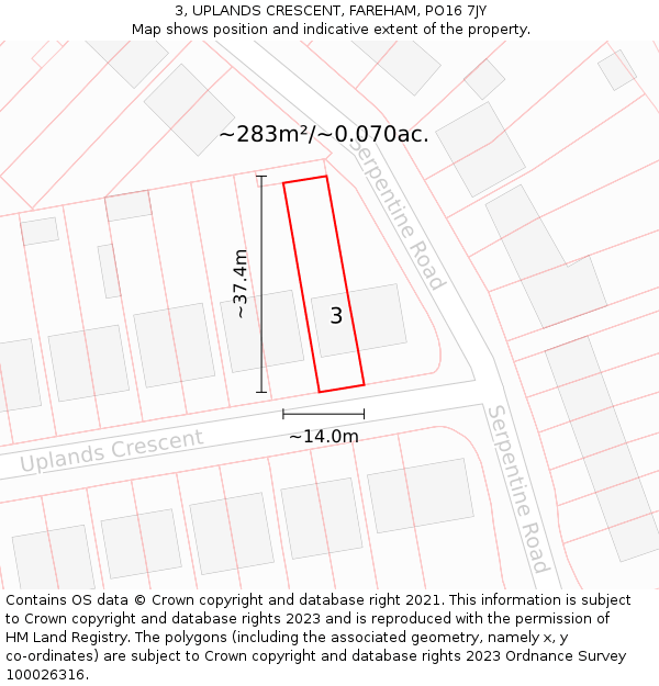 3, UPLANDS CRESCENT, FAREHAM, PO16 7JY: Plot and title map