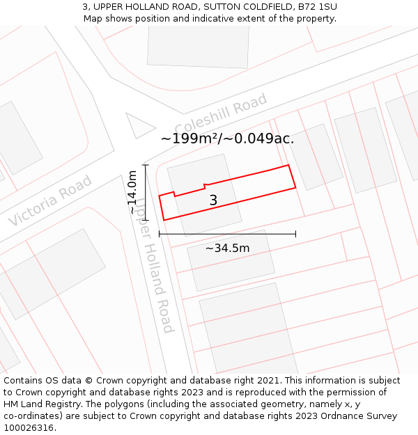 3, UPPER HOLLAND ROAD, SUTTON COLDFIELD, B72 1SU: Plot and title map